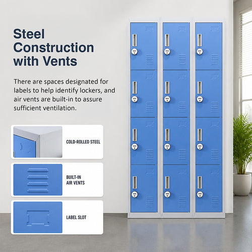 12-Door Steel Locker – Grey with Blue Door, 4-Digit Combination Lock