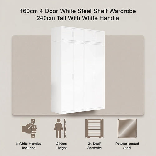 160x240cm 4-Door White Steel Shelf Wardrobe with White Handle Storage Cabinet