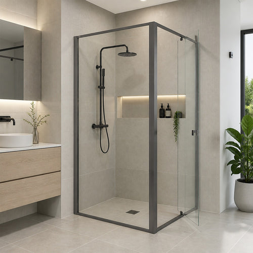 Semi-Frameless Shower Screen – Gunmetal, Front: (98~106)x195cm, Side: (89~92)x195cm