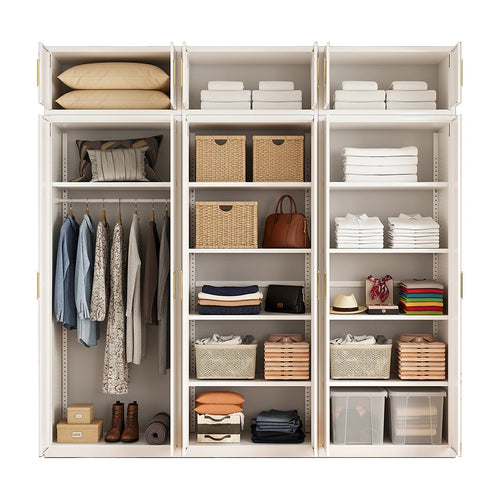 240x240cm 6-Door White Steel 1 Hanging and 2 Shelf Wardrobe with Gold Handle Storage Cabinet