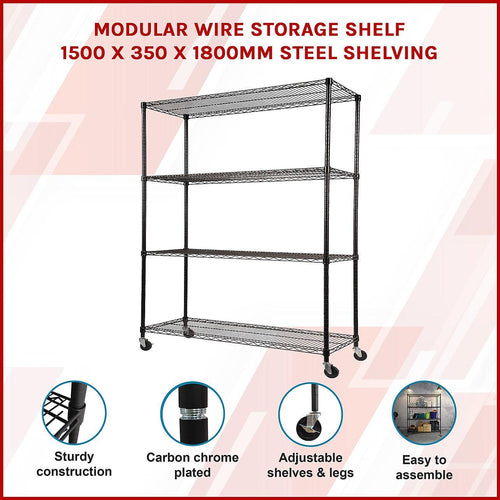 Modular Wire Storage Shelf 1500 x 350 x 1800mm Steel Shelving - Baking Black Technology with Wheels