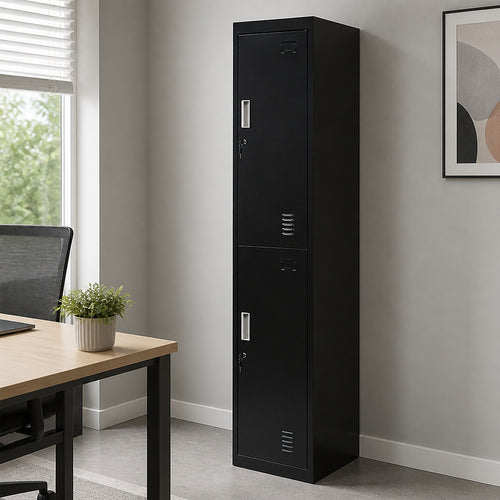 2-Door Metal Locker Cabinet in Black – Standard Lock with 2 Keys