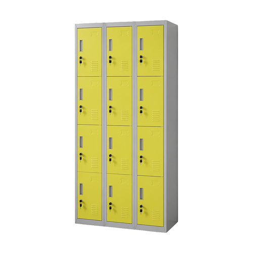 12-Door Steel Locker – Grey with Yellow Door, Standard Lock with 2 Keys