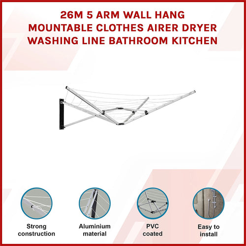 26m 5 Arm Wall Hang Mountable Clothes Airer Dryer Washing Line Bathroom Kitchen