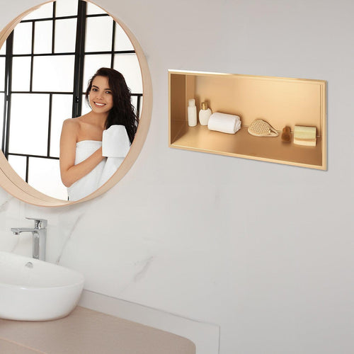641 x 336 x 101mm Shower Niche Single Shelf Organizer No Tile Needed in Gold Finish
