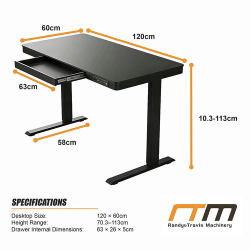 Electric Standing Desk 120x60cm Black Glass with Drawer & Wireless Charger