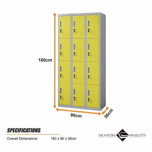 12-Door Steel Locker – Grey with Yellow Door, Standard Lock with 2 Keys