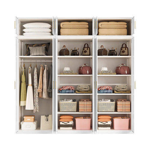 240x240cm 6-Door White Steel 1 Hanging and 2 Shelf Wardrobe with Gold Handle Storage Cabinet