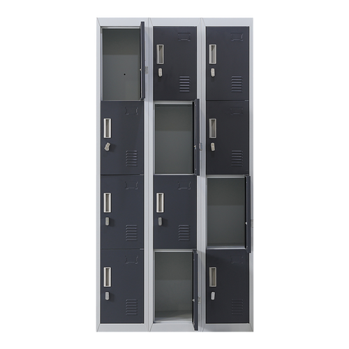 12-Door Locker – Grey with Charcoal Door with Padlock-operated | Secure Storage for Office, Gym or School Use