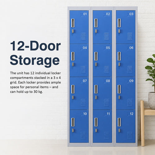 12-Door Steel Locker – Grey with Blue Door, Padlock-operated