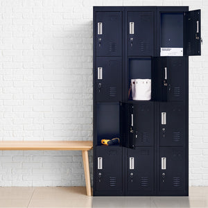 12-Door Locker – Black Standard Lock with 2 Keys | Secure Storage for Office, Gym, School