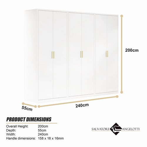 240x200cm 6-Door White Steel 2 Hanging and 1 Shelf Wardrobe with Gold Handle Storage Cabinet