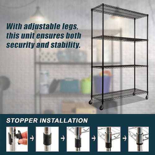 Modular Wire Storage Shelf 1500 x 450 x 1920mm Steel Shelving - Baking Black Technology with Wheels