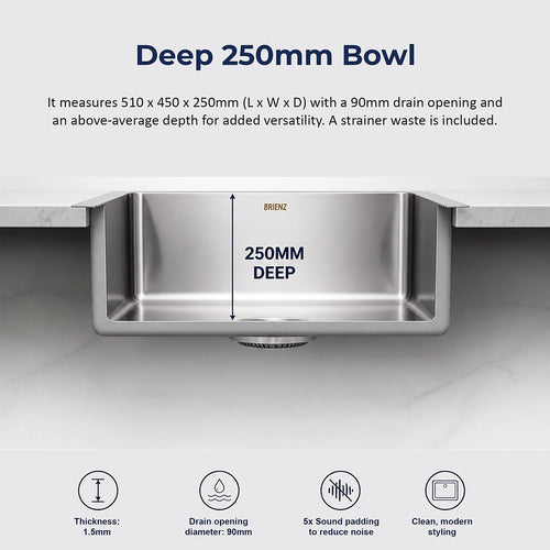 510x450mm Handmade 1.5mm Stainless Steel Sink – Undermount/Topmount with Waste & Stainless Steel with brushed finish Look