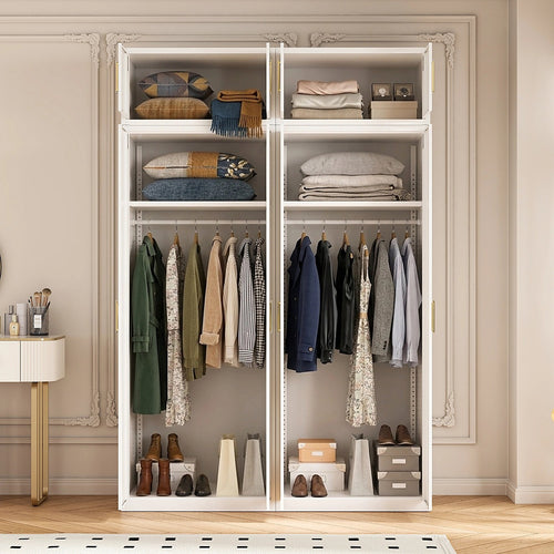 160x240cm 4-Door White Steel Hanging Wardrobe with Gold Handle Storage Cabinet