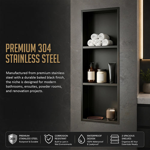 90cm Black Recessed Shower Niche 3-Tier Stainless Steel Bathroom Wall Storage Shelf