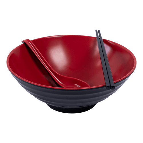 (12 Piece) Ramen Noodle Bowl with Spoon and Chopsticks Black Red