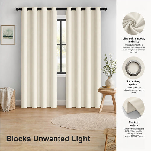Cream 2X Blockout Curtains – Blackout Window Draperies Pair with Eyelets for Bedroom 132x213cm