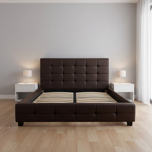 Double Deluxe Brown PU Leather Upholstered Bed Frame with Headboard & Slats