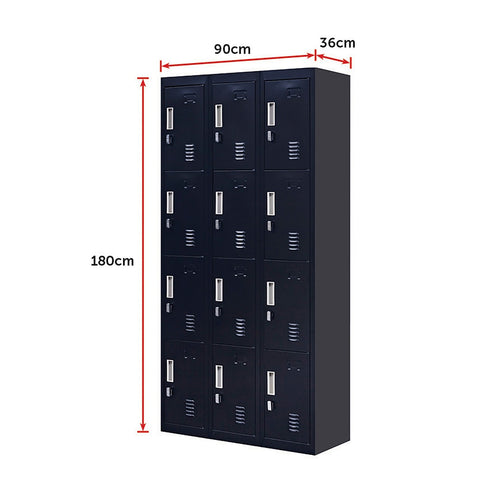 12-Door Locker – Black with Padlock-operated | Secure Storage for Office, Gym or School Use