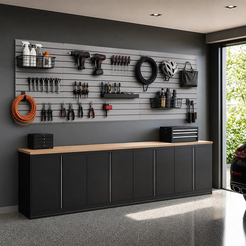Slatwall Storage Pack – Retail Display & Garage Wall Organiser System Grey PVC Panels