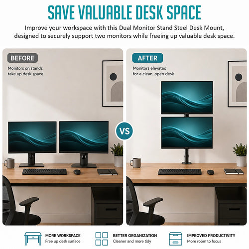 Dual Monitor Stand Steel Desk Mount for 13-27 Inch Screens with Adjustable Arms VESA 75/100mm Black