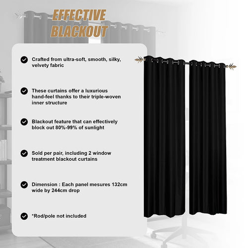 Black 2X Blockout Curtains – Blackout Window Draperies Pair with Eyelets for Bedroom 132x244cm