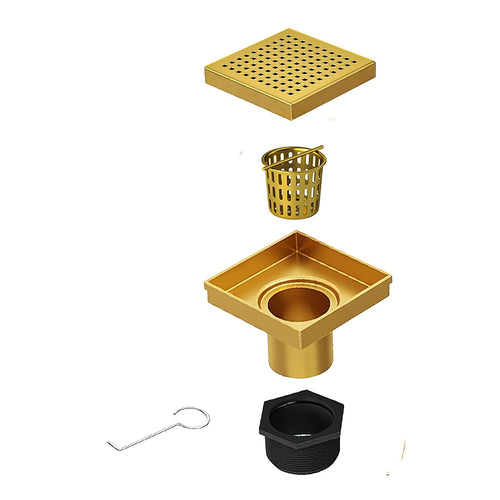 15 x 15cm Square Shower Drain with Grid Pattern Grate – Brushed Gold Stainless Steel