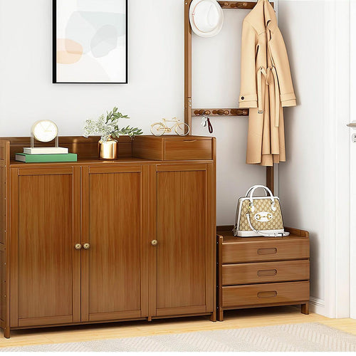 Wooden Hall Stand Modern Style Minimalist Home Floor Coat Rack with Drawer - Dark Wood