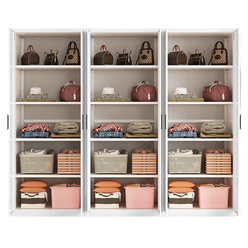 240x200cm 6-Door White Steel Shelf Wardrobe with Black Handle Storage Cabinet