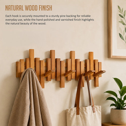 Wood Wall Mounted Coat Rack with 6 Flip Down Hooks 44cm Foldable Bamboo Wall Hook Rack