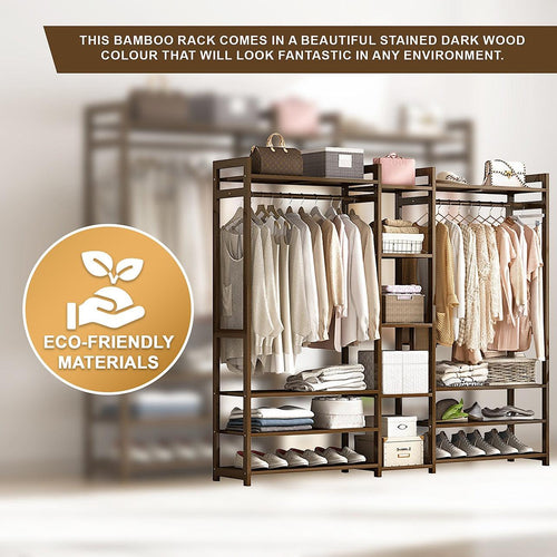 Portable Clothes Rack Coat Garment Stand Bamboo Rail - Dark Wood