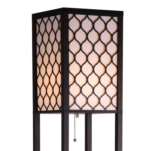 Shelf Floor Lamp with Shade and Open Shelves in Black Wood - Style B