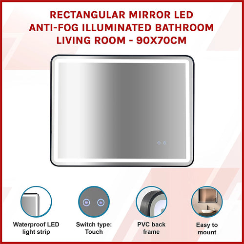 Rectangular Mirror LED Anti-Fog Illuminated Bathroom Living Room - 90 x 70cm