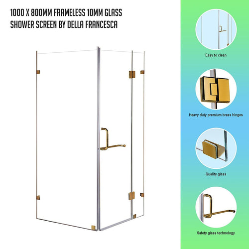 Frameless 10mm Glass Shower Screen 100 x 80cm GOLD Hinges/Brackets and ROUND Handle
