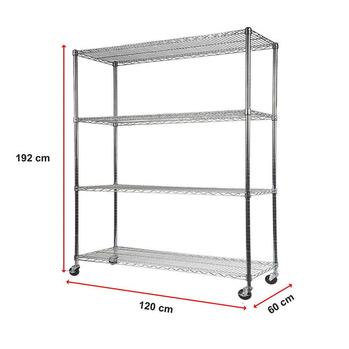 Modular Wire Storage Shelf 1200 x 600 x 1800mm Steel Shelving - Carbon Chrome Plated with Wheels