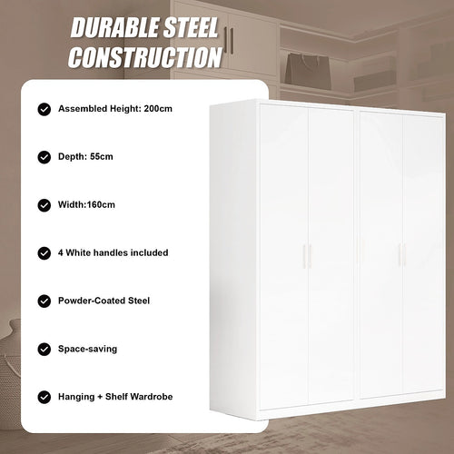 160x200cm 4-Door White Steel Hanging and Shelf Wardrobe with White Handle Storage Cabinet