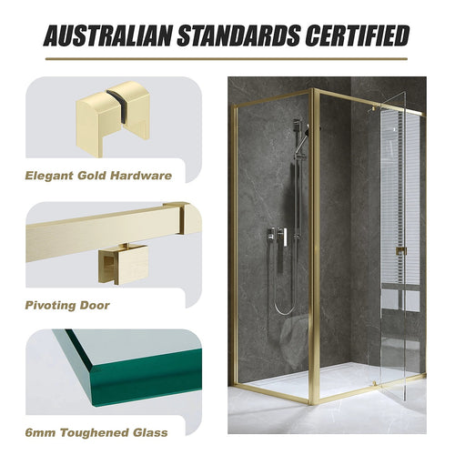 Adjustable Semi Frameless Shower Screen Front: (74~82)x195cm with Gold Hardware and Side: (77~80)x195cm