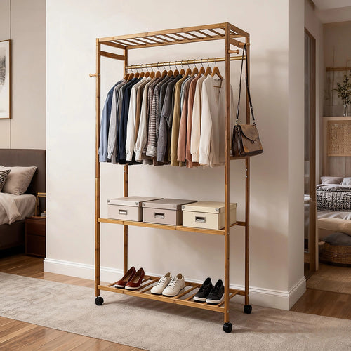 Heavy Duty Wooden Clothes Rail with Shelves & Wheels – Open Wardrobe Rack Stand
