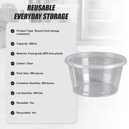 450mL Food Containers with Lids 500 Pack | BPA Free Round Takeaway Tubs