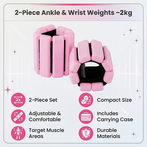 2-Piece Ankle & Wrist Weights – 2kg Pair Adjustable Workout Bangles Pink for Fitness Training