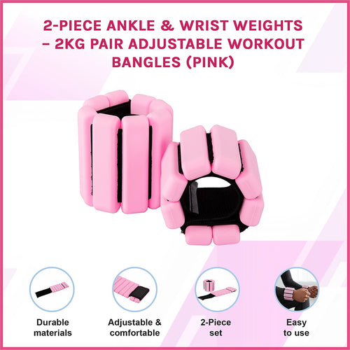 2-Piece Ankle & Wrist Weights – 2kg Pair Adjustable Workout Bangles Pink for Fitness Training