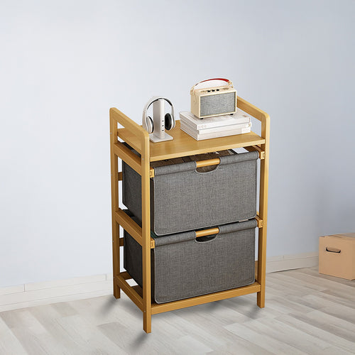 Bamboo Shelf with Storage Hamper – Wooden Organiser Rack with 2 Removable Laundry Bags