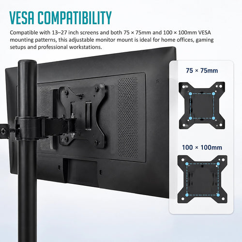 Dual Monitor Stand Steel Desk Mount for 13-27 Inch Screens with Adjustable Arms VESA 75/100mm Black