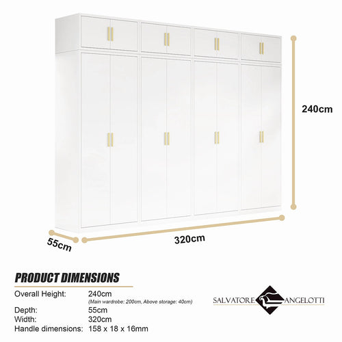 320x240cm 8-Door White Steel Shelf Wardrobe with Gold Handle Storage Cabinet