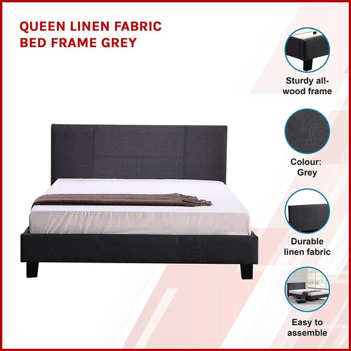 Queen Bed Frame Grey Linen Fabric