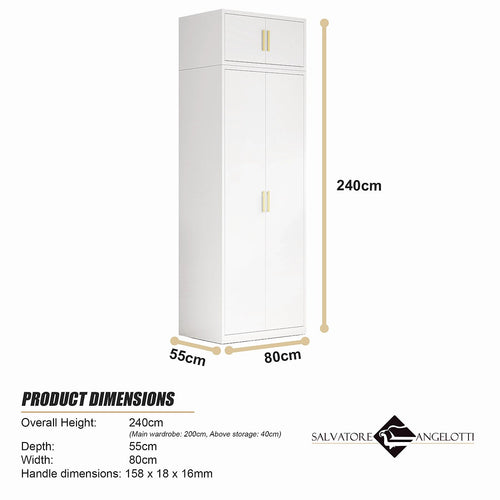 80x240cm 2-Door White Steel Shelf Wardrobe with Gold Handle Storage Cabinet