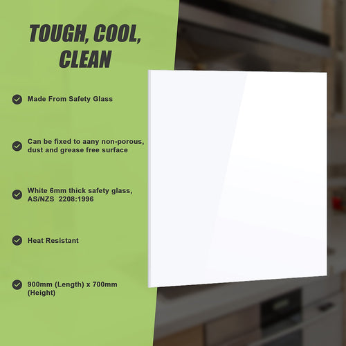 Toughened 90 x 70cm White Glass Kitchen Splashback – Modern Heat-Resistant Design for Homes