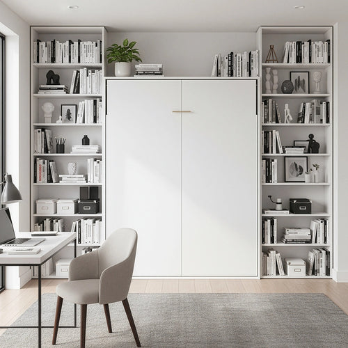 Double Wall Bed in White Gloss – Space Saving Murphy Bed Kit with Silver Door Handle