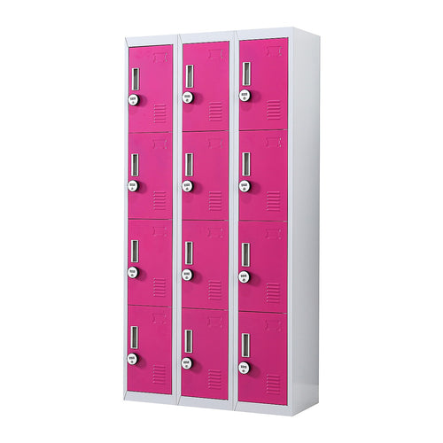 12-Door Steel Locker – Grey with Pink Door, 4-Digit Combination Lock